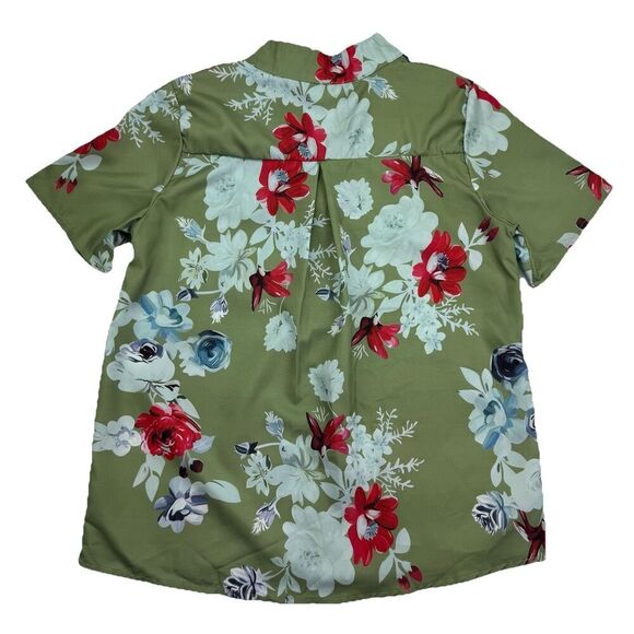 Green Floral Blouse Size Medium V Neck Buttons Short Sleeve Printed Lightweight - Picture 3 of 6
